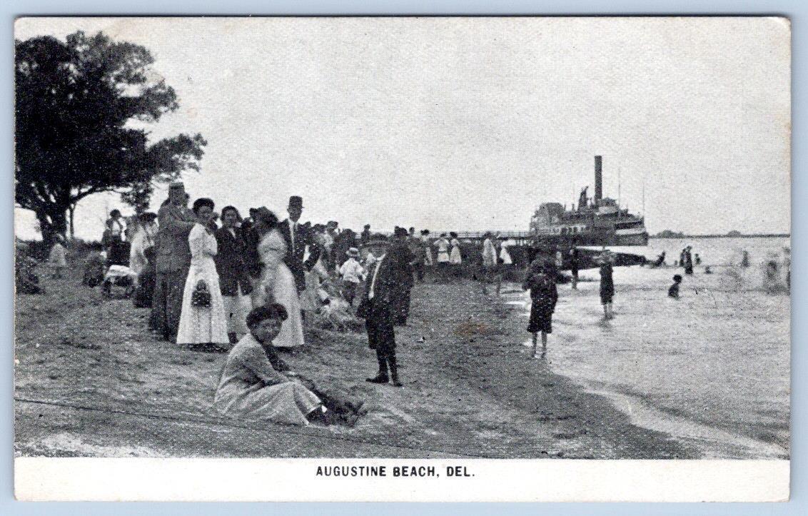 1910's AUGUSTINE BEACH DELAWARE DE STEAMER CROWD SCENE PORT PENN PM POSTCARD
