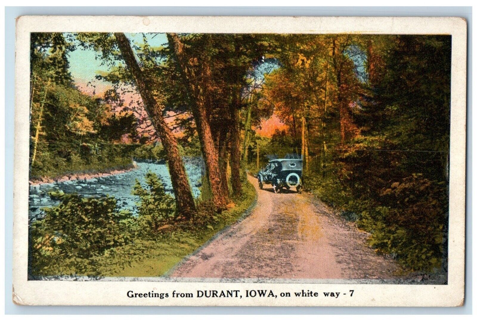 c1930\'s Greetings From Durant Iowa IA, On White Way Car Dirt Road Postcard