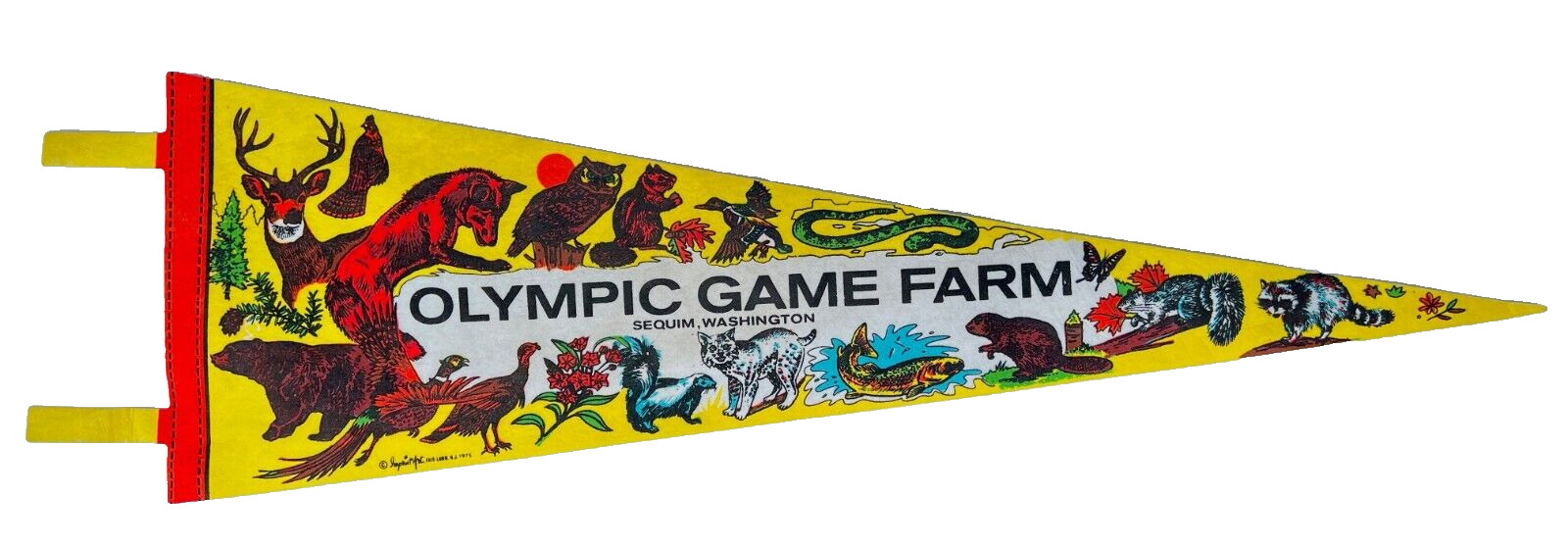 Vintage OLYMPIC GAME FARM Sequim Washington Owl Wolf Imprint Art Pennant 1973