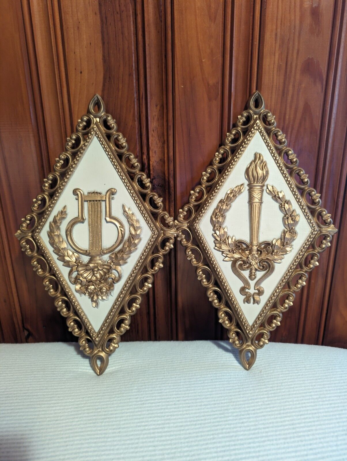 Vintage 1970s Homco 2 Piece Diamond Shaped Wall Hangings French Court Design 