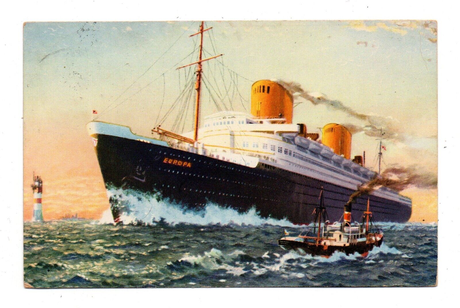 SS EUROPA AT SEA, NORD-DEUTSCHER LLOYD LINE, ARTIST IMAGE ~ used Seepost 1939