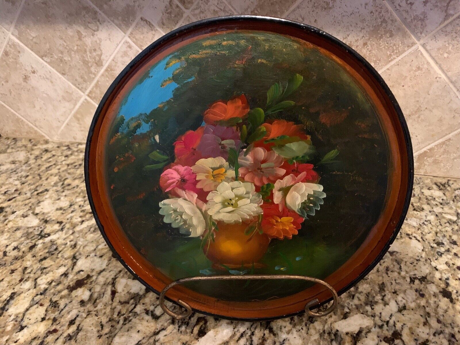 Vintage Round Wooden Tole Tray Black With Painted Floral Design With Handles