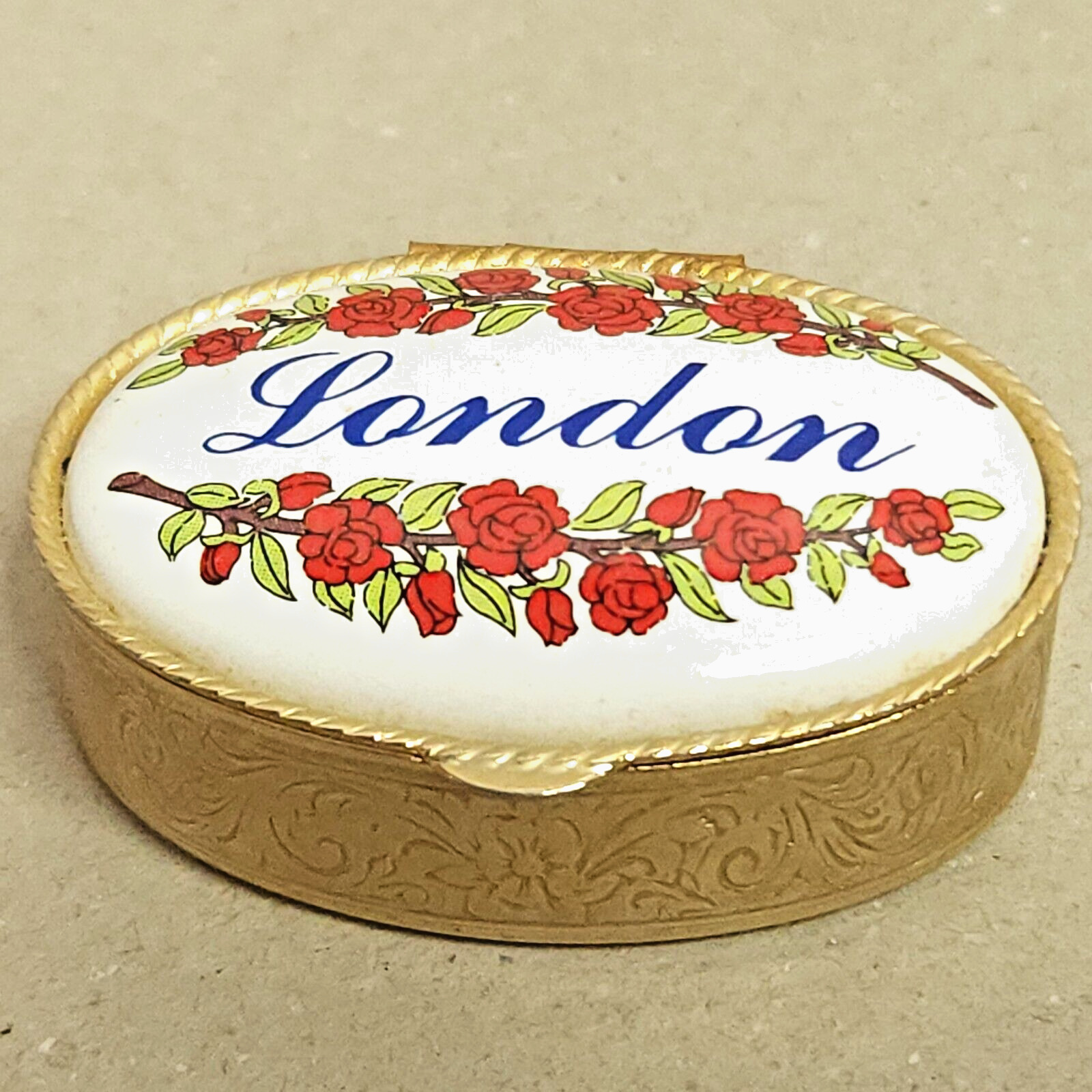 London Trinket Pill Box Gold Oval Hinged