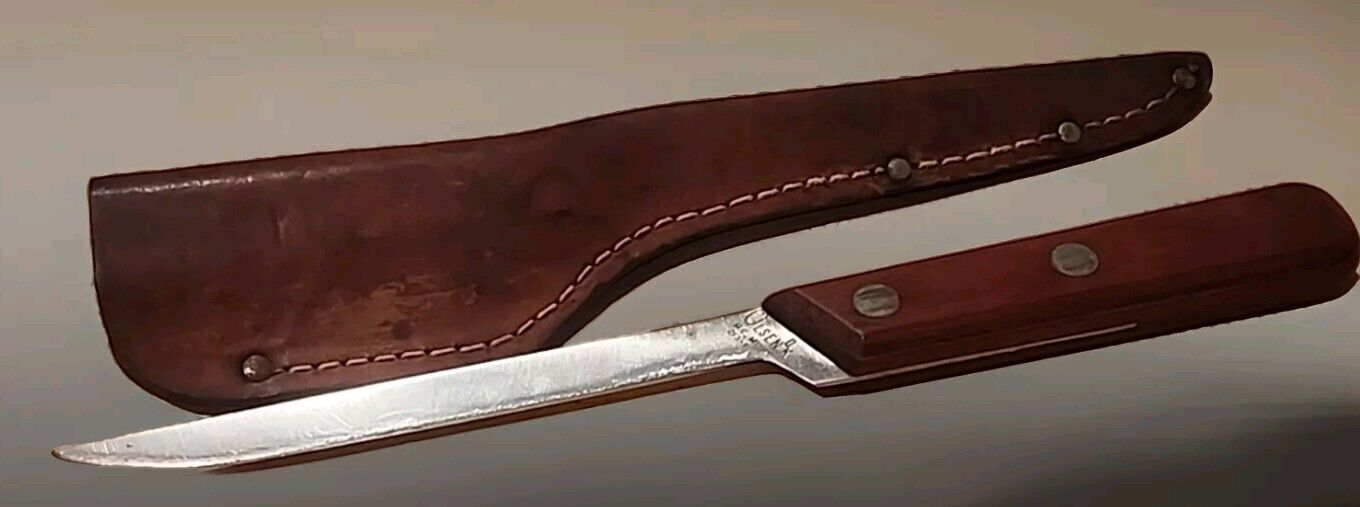 VINTAGE 1960\'S - 70\'S OLSEN O.K. BRAND MUCC FILLET KNIFE W/ LEATHER SHEATH RARE