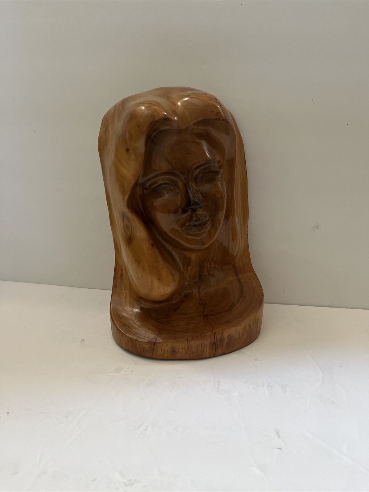 VINTAGE MCM WOODEN HAND CARVED WOMAN LADY BUST STATUE Signed