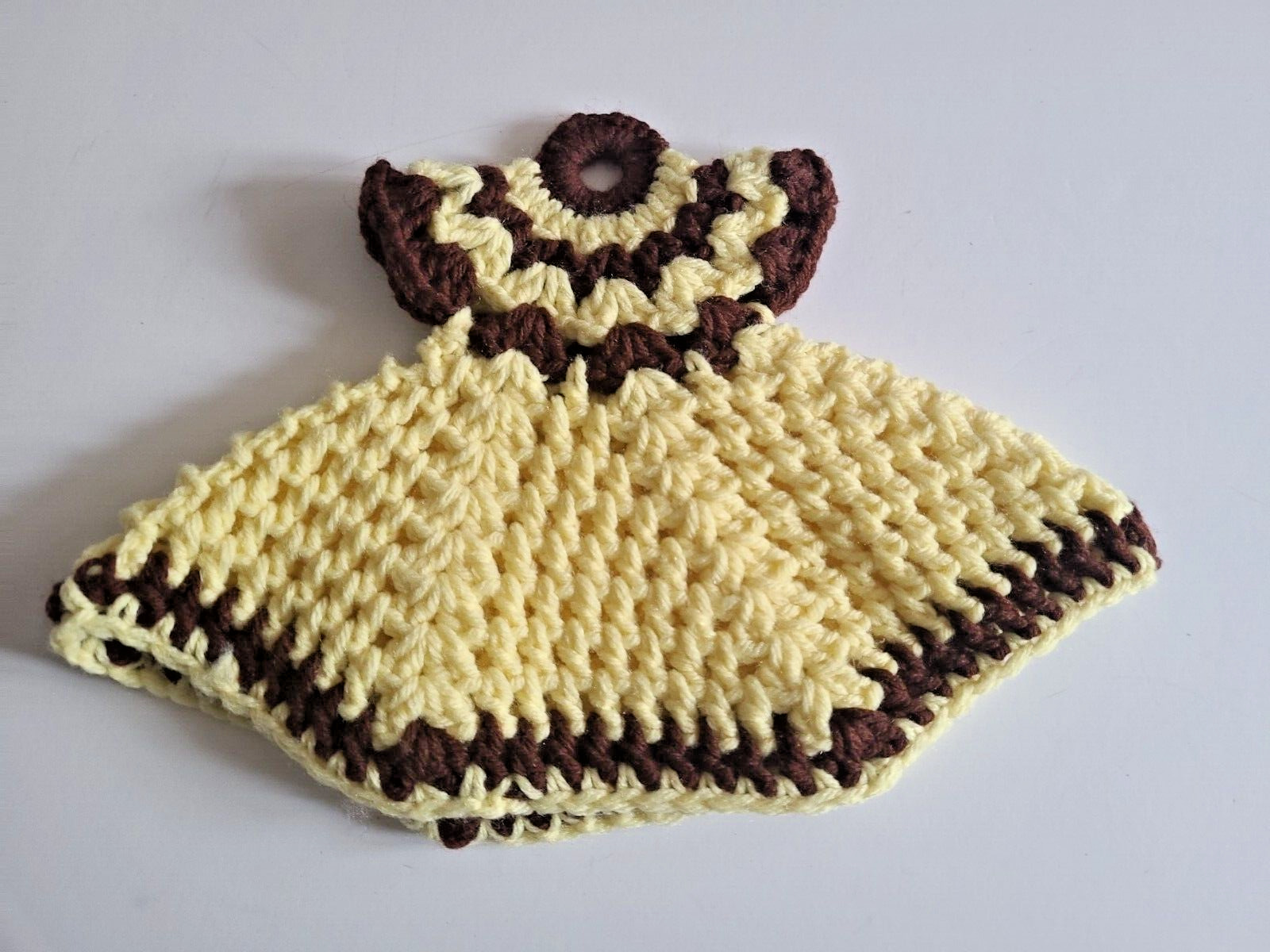 Vintage Handmade Hot Pad Trivet Pot Holder Crochet Doll Dress Yellow Brown MCM