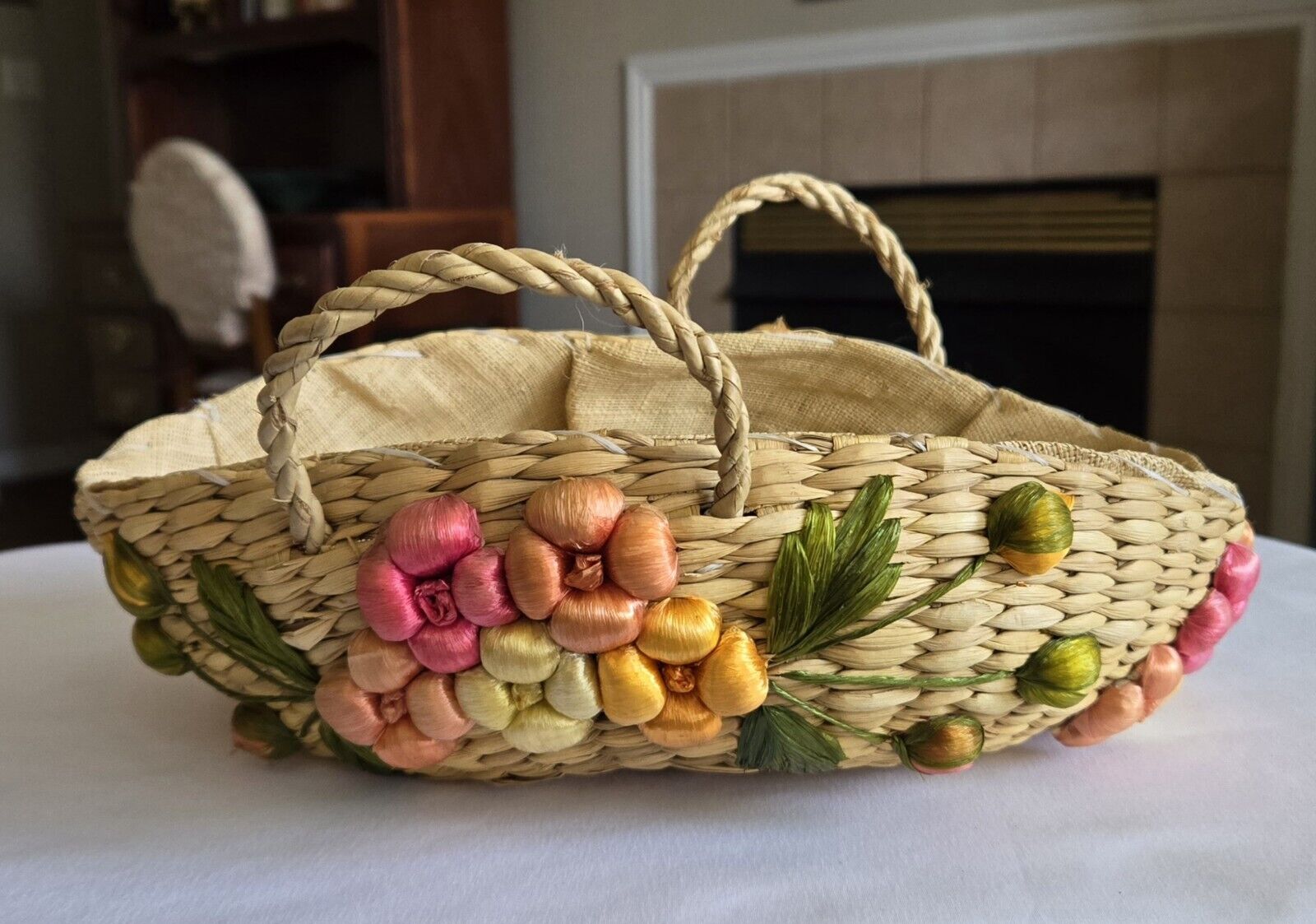 Vintage 1970s Retro Handmade Woven Lined Casserole Carry Basket Raffia Flowers