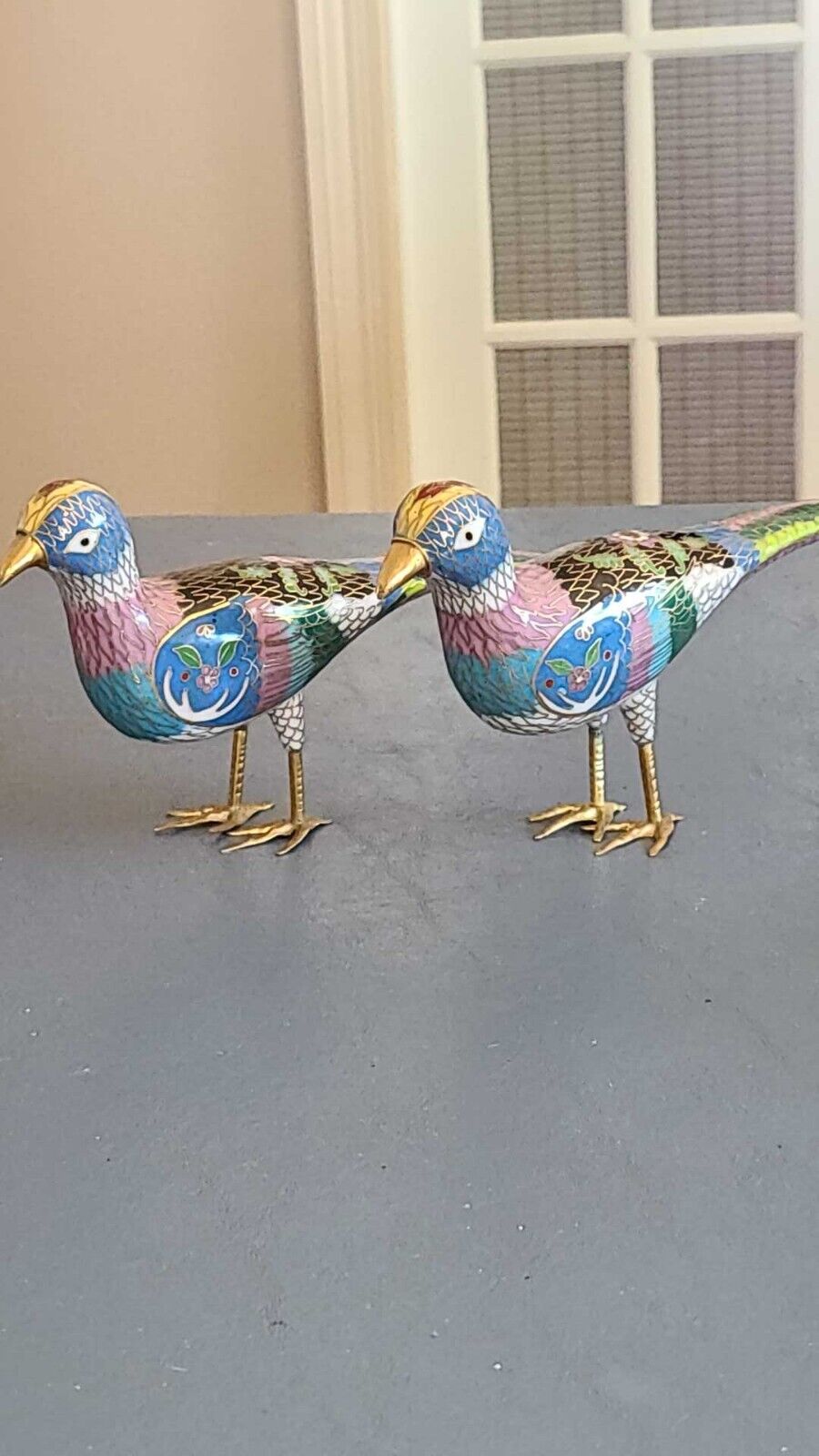 VTG Pair Of Chinese Cloisonne Long Tailed Bird Figurines 9x5 Made In Beijing
