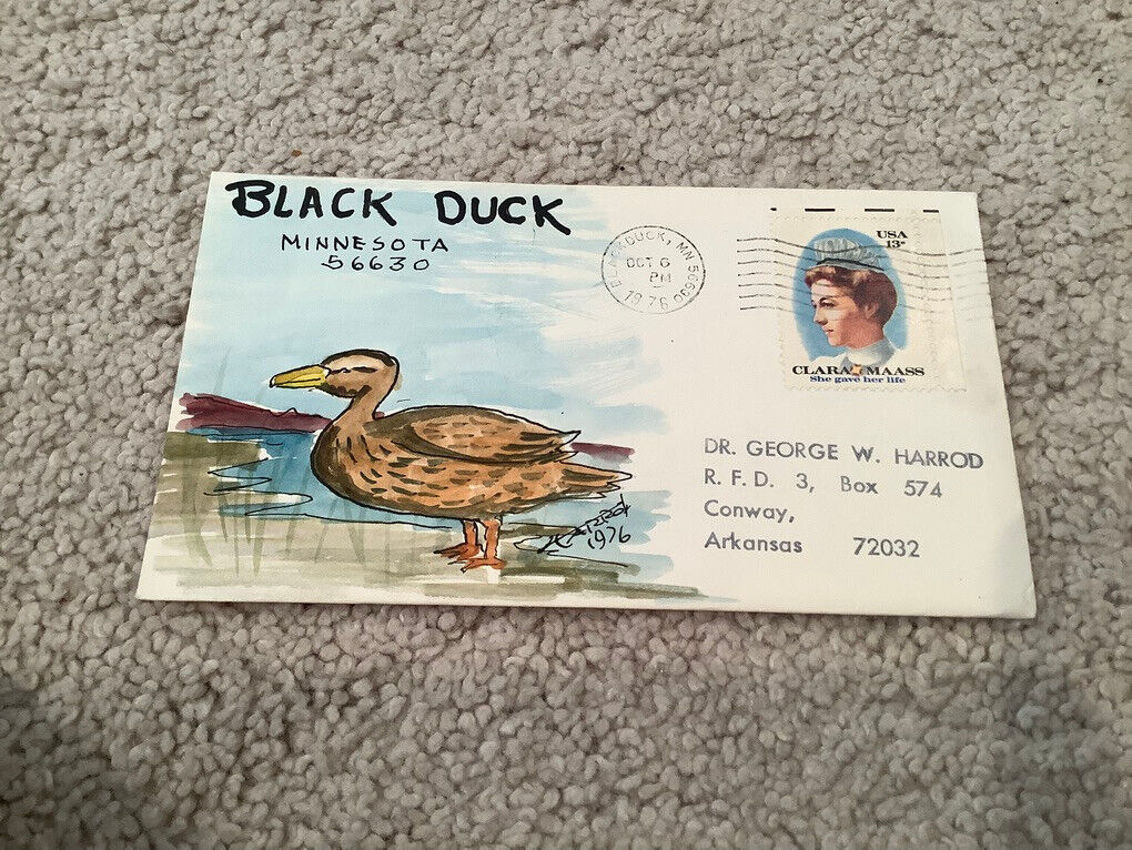 1976 BLACK DUCK Minnesota: Signed FOLK ART WATERCOLOR Postal Cover GEORGE HARROD