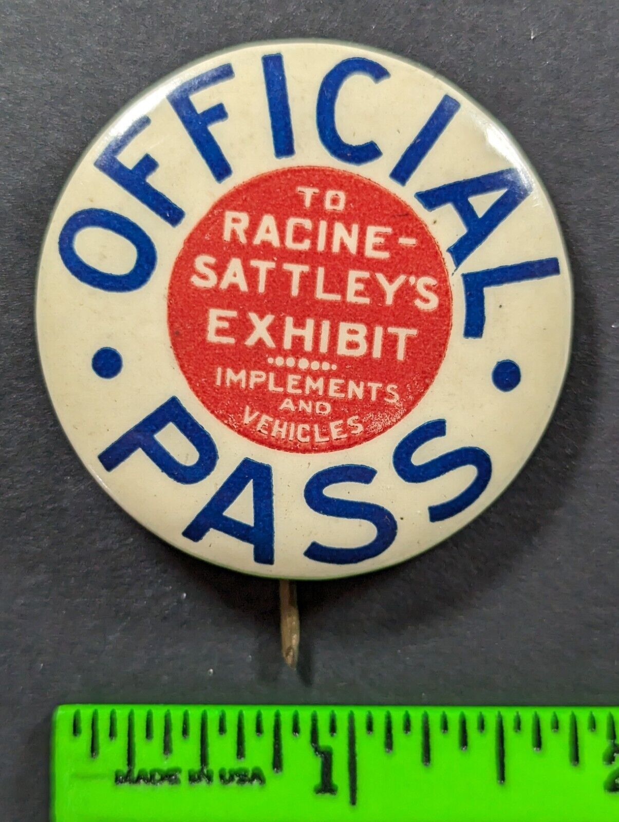 Vintage Racine Sattley\'s Exhibit Implements & Vehicles Farming? Pinback Pin