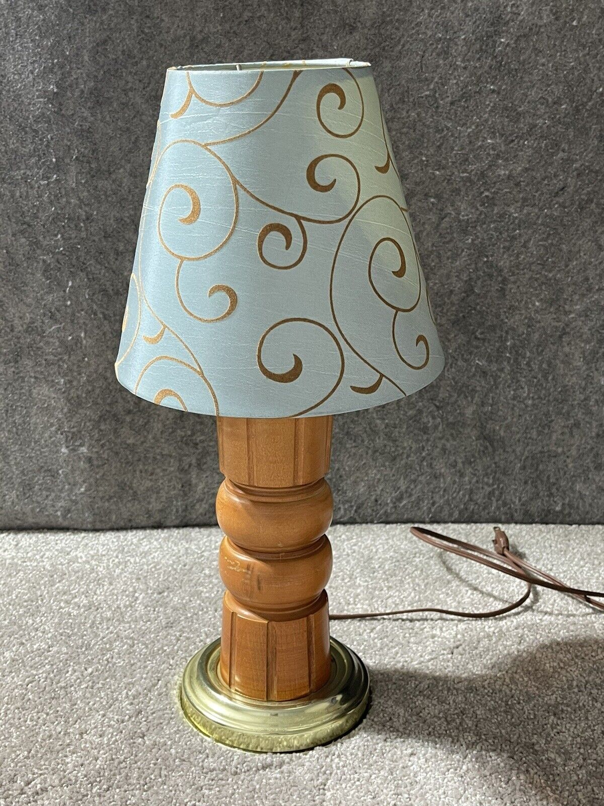 Vintage Mid Century Turned Carved Wooden Table Lamp with Shade Boho 1960s