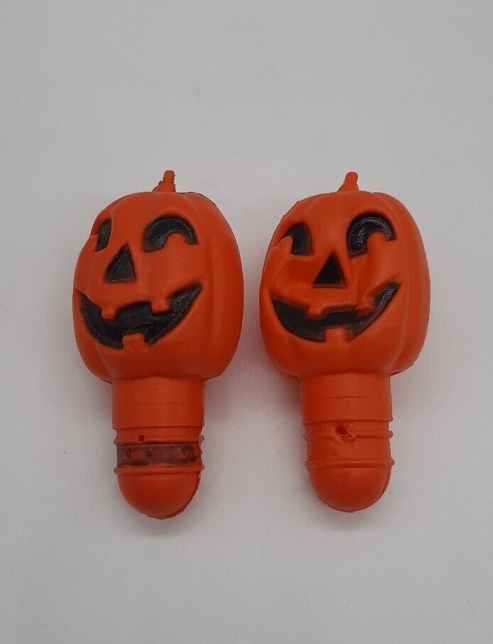 2 Vintage Halloween Jack O Lantern Pumpkin Head Blowmold Candy Container Toppers