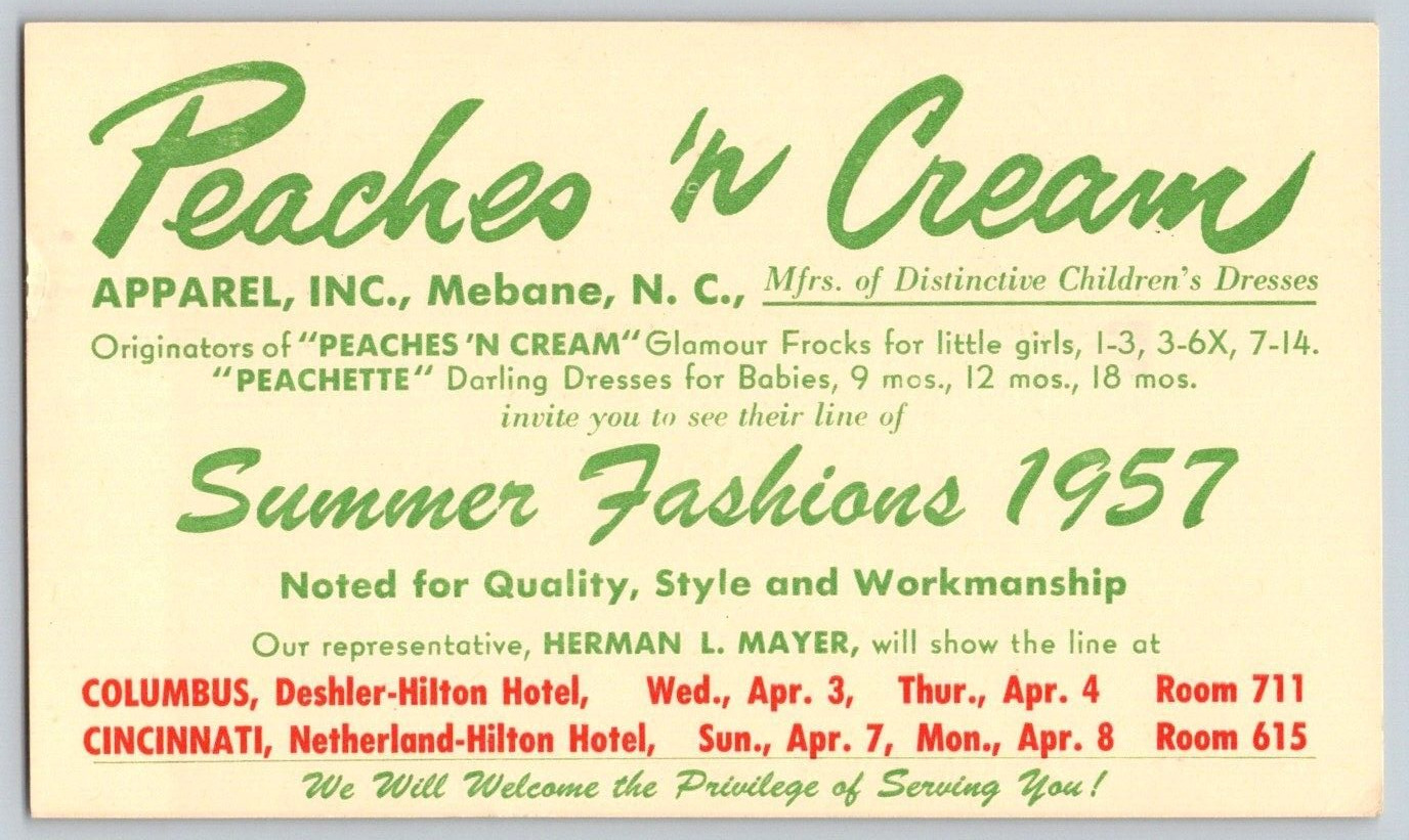 Advert Postcard~ 1957 Summer Fashion~ Peaches \'N Cream Apparel Inc, Mebane, NC