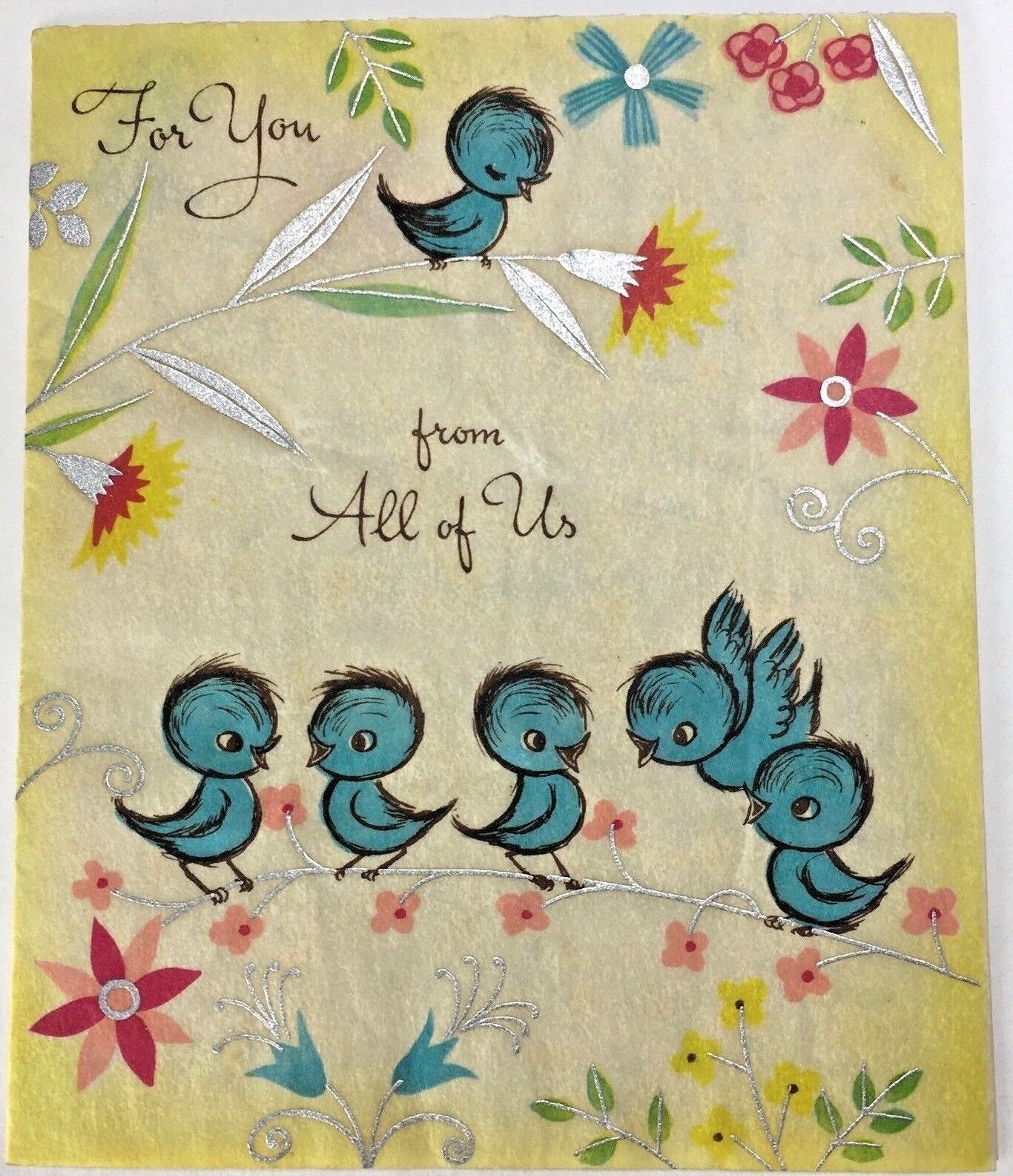 Vtg Parchment Blue Birds on Branches Flowers A Gift For You Card Buzza-Cardozo