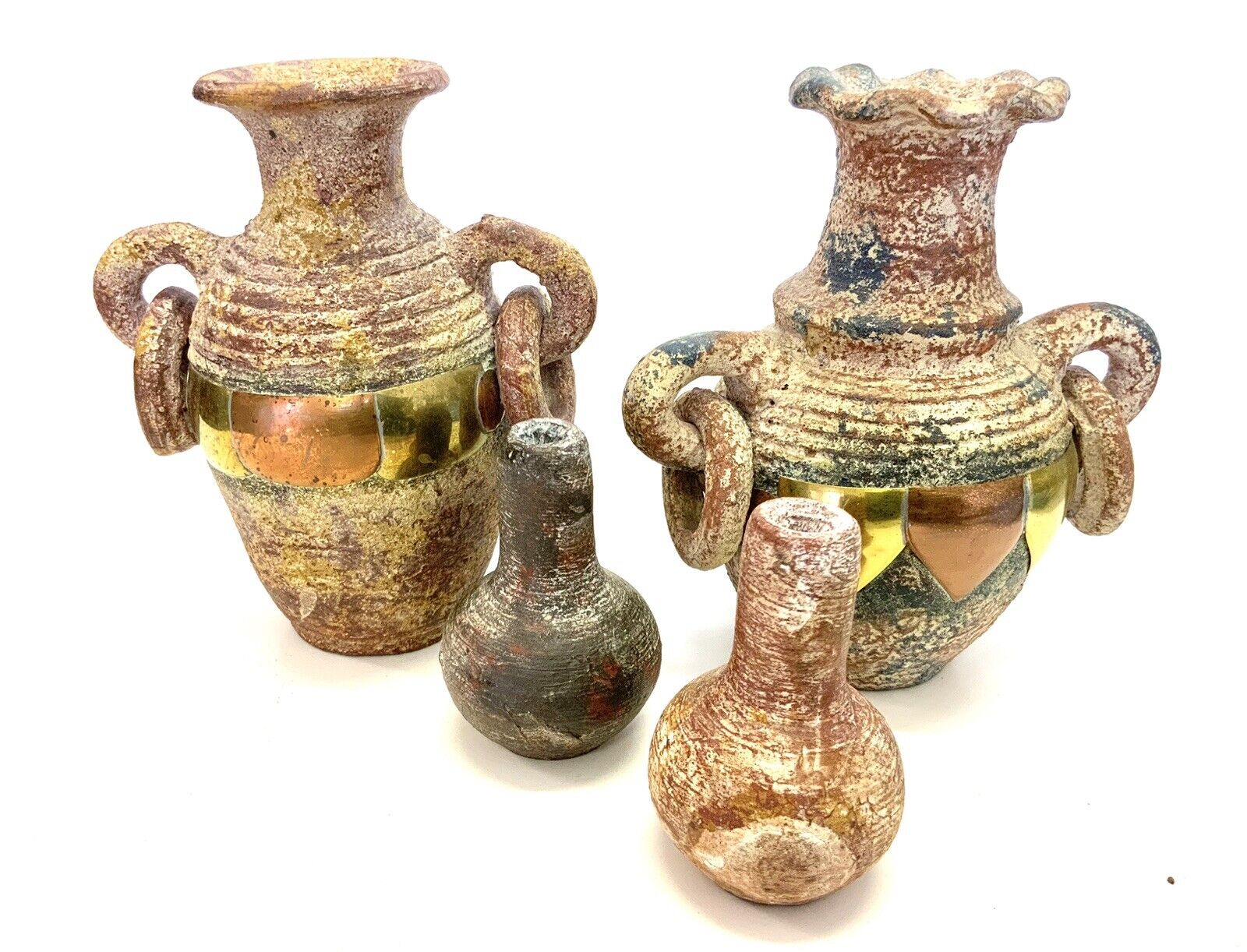 4 Piece Vintage Mexican Pottery Chimneas Candleholder Vase Copper Brass Accents