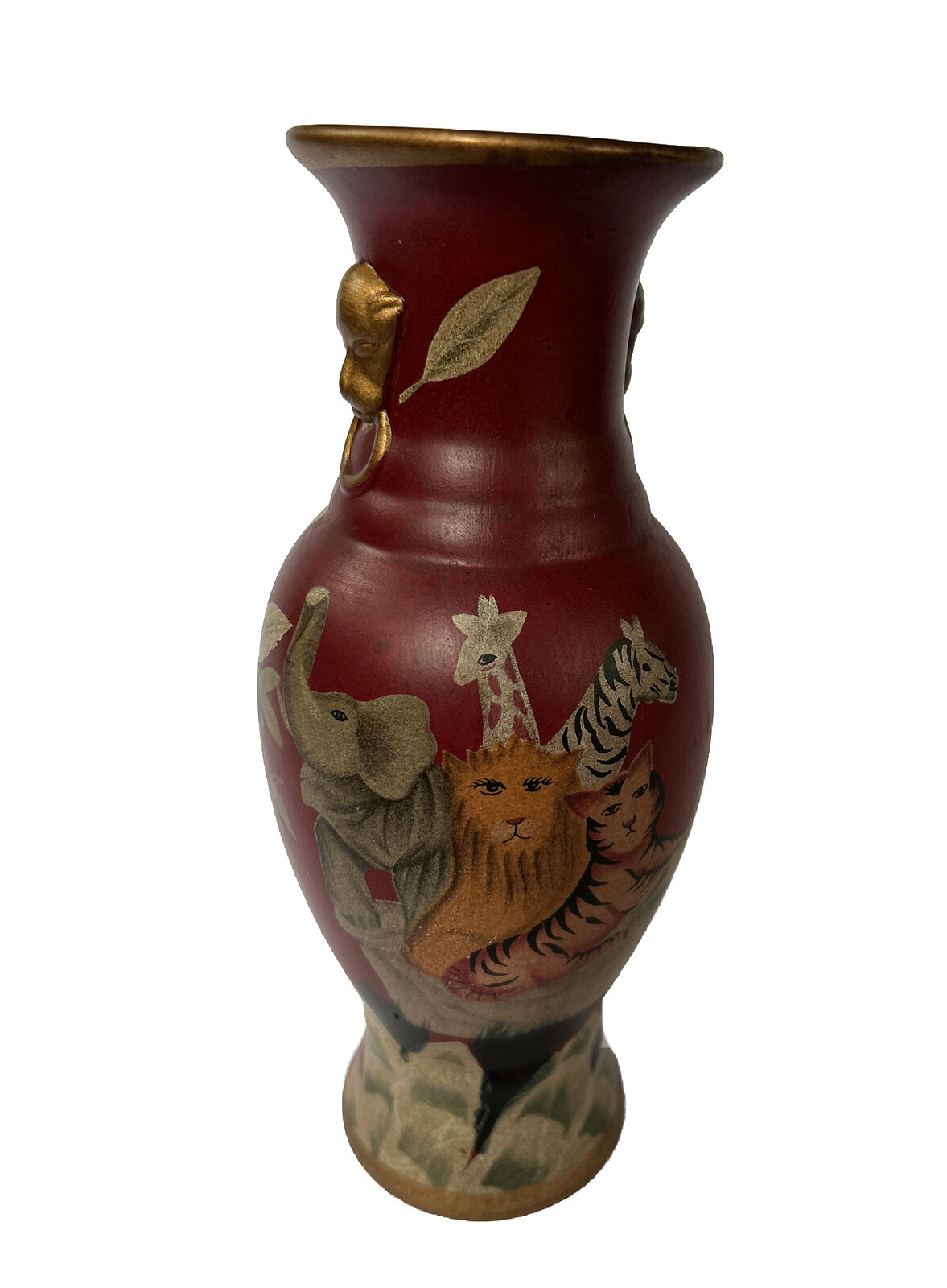 Vintage Art Glass OOAK Handpainted Tiger Lion Elephant Giraffe Red Painted Vase