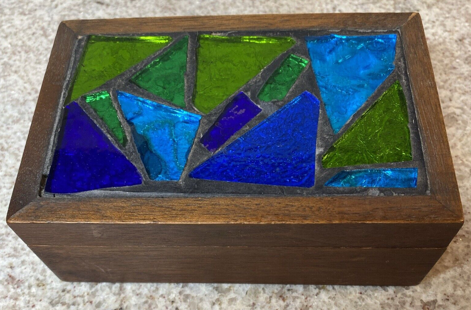 GEORGES BRIARD Groovy MCM Mid Century Foil Stained Glass Mosaic Wood Box w Lid