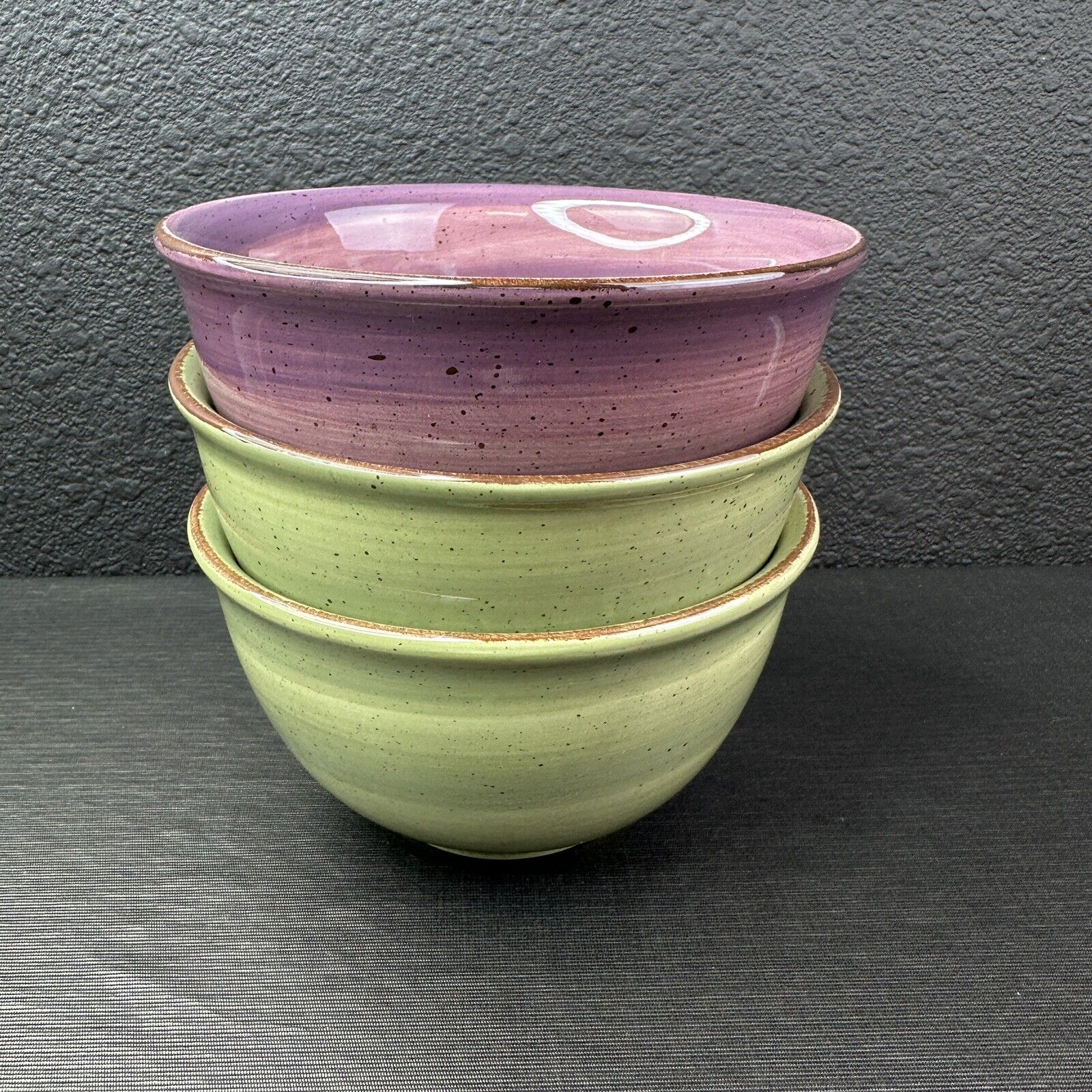 3 HausenWare Ceramic Bowls  Green Swirl & Speckled Pattern