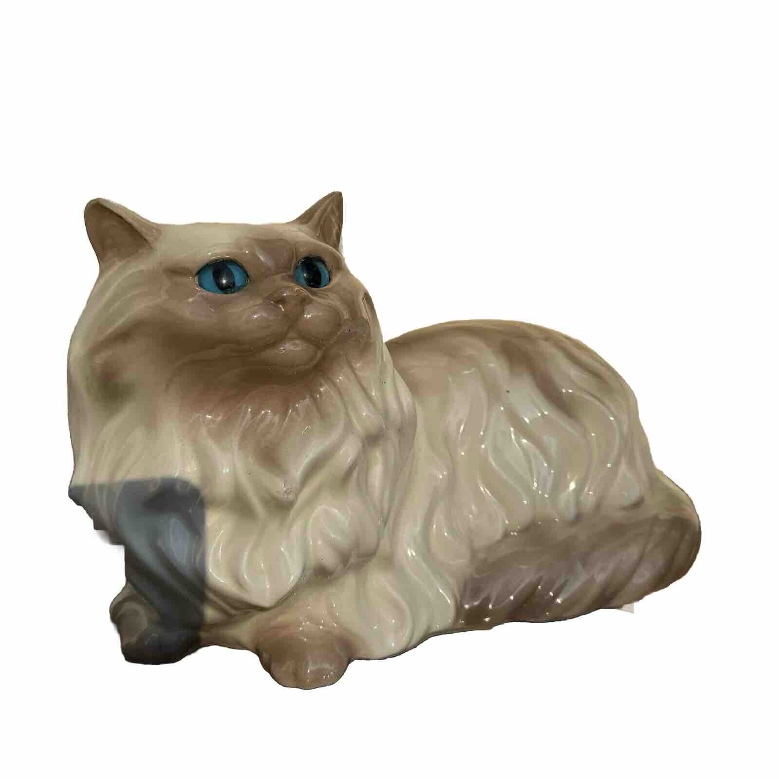Large BEAUTIFUL Ceramic Long Hair Blue Eyed CAT, Vintage Glazed, White Tan
