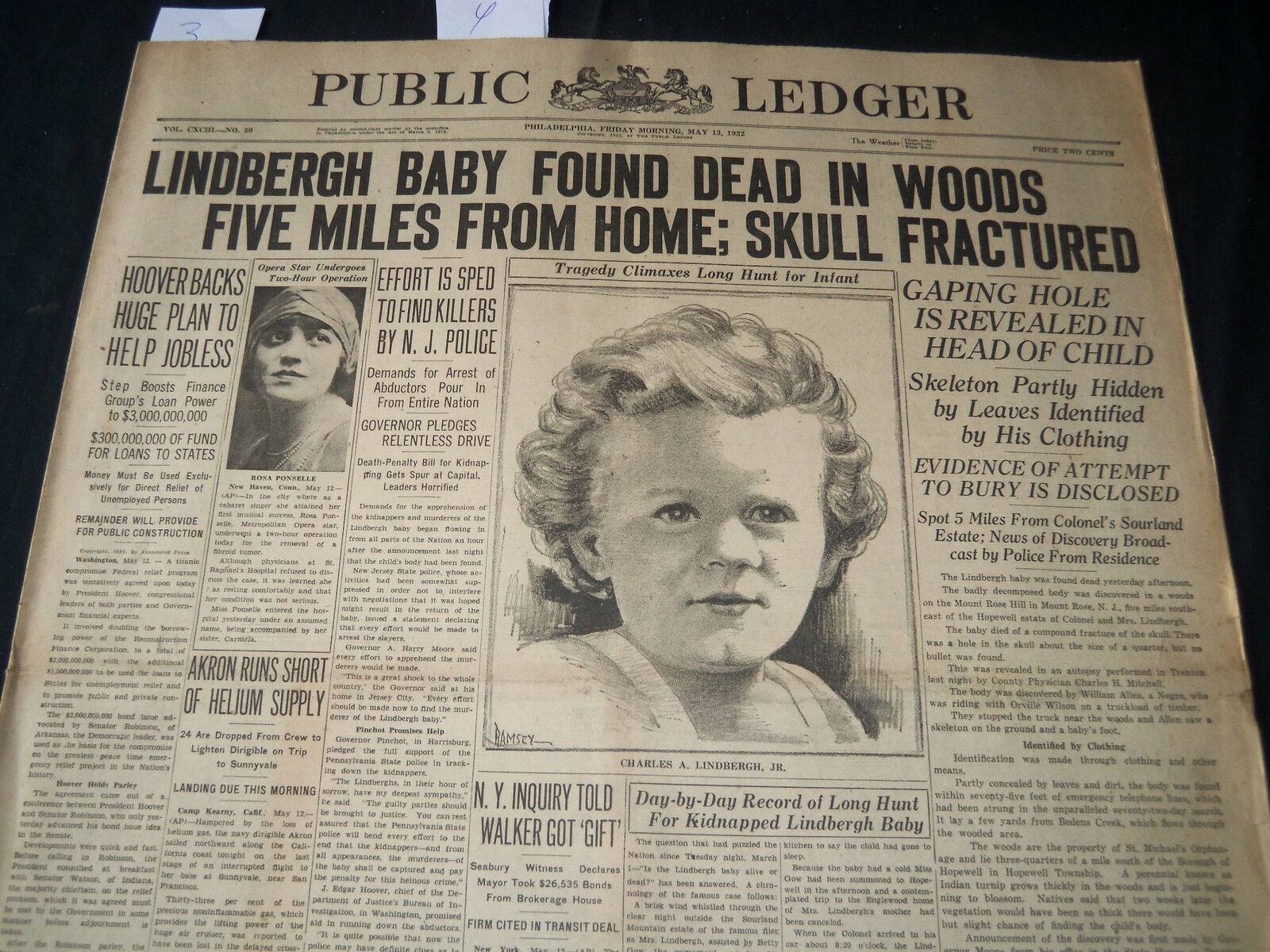 1932 MAY 13 PUBLIC LEDGER NEWSPAPER -LINDBERGH BABY FOUND DEAD IN WOODS- NT 7258