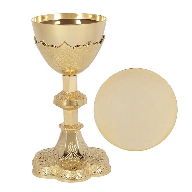 Orthodox Ornate Vine Embossed Gold Plate Brass Node Chalice and Paten 9 3/4 In