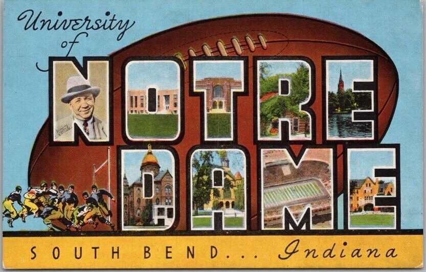 1940s NOTRE DAME Large Letter Linen Postcard University Football South Bend, IN