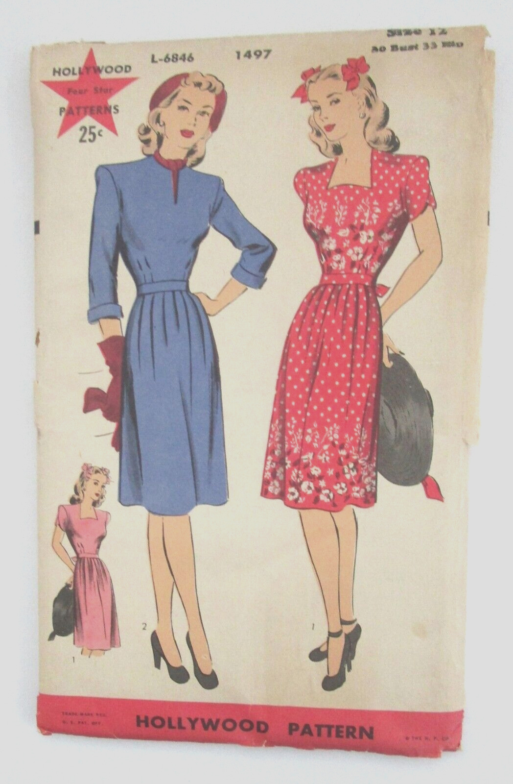 Vintage 1940s Hollywood Pattern #1497 Women\'s Dress Size 12 Bust 33
