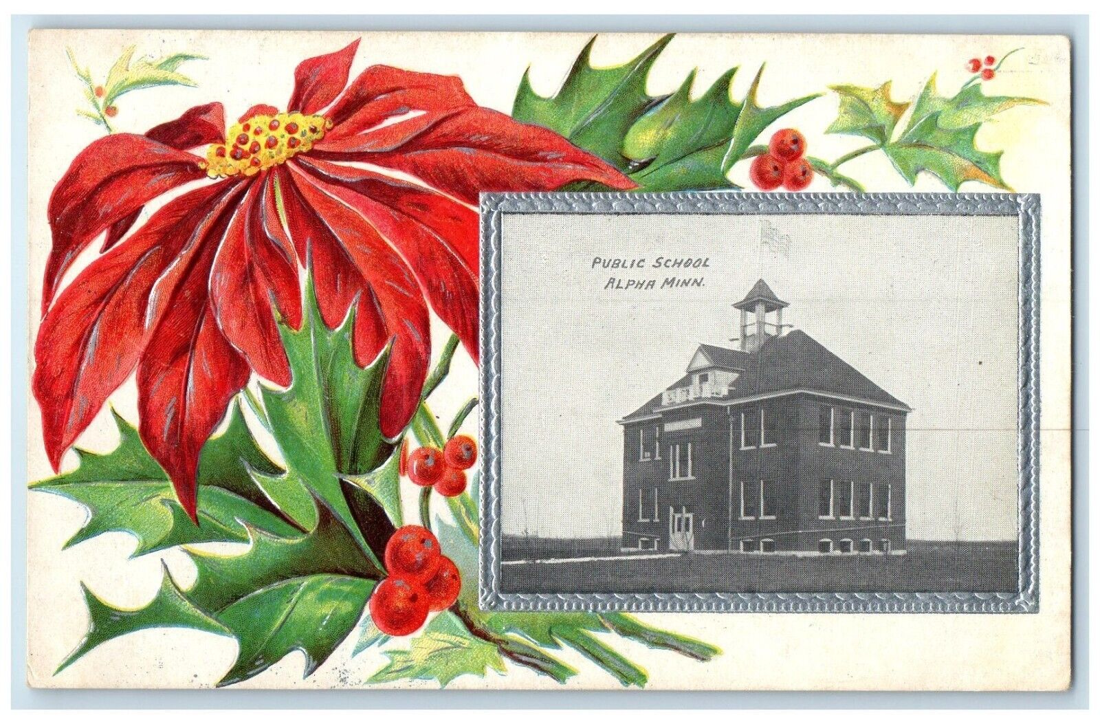 c1910 Public School Exterior Building Alpha Minnesota Vintage Embossed Postcard