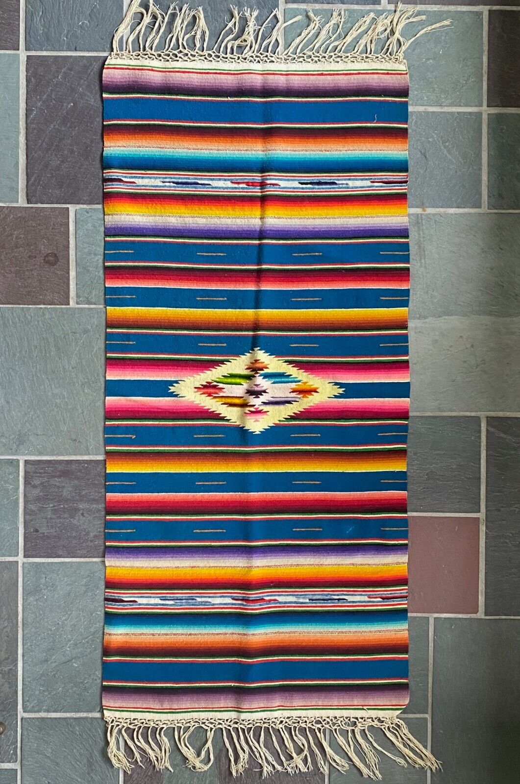 Vintage 1940s Mexican Saltillo Serape Wool Runner Textile