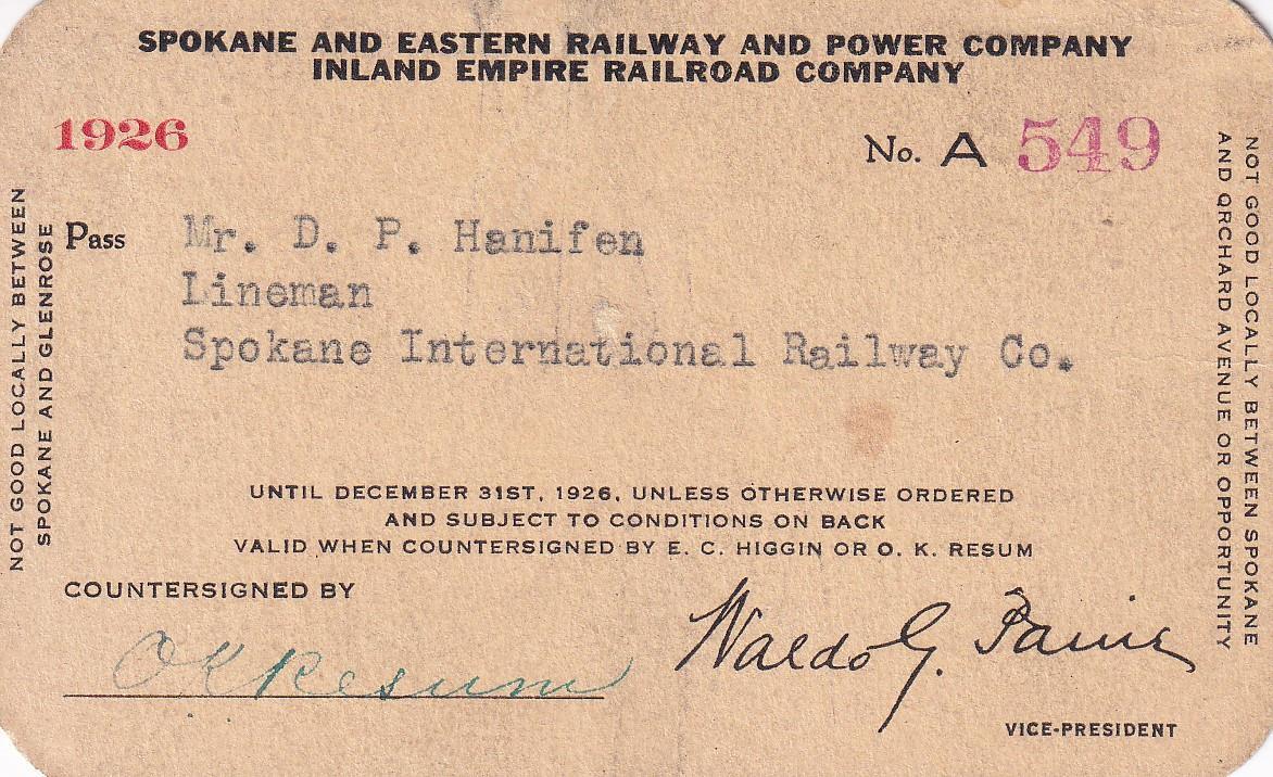1926 Spokane & Eastern Railway, Inland Empire Railroad employee pass