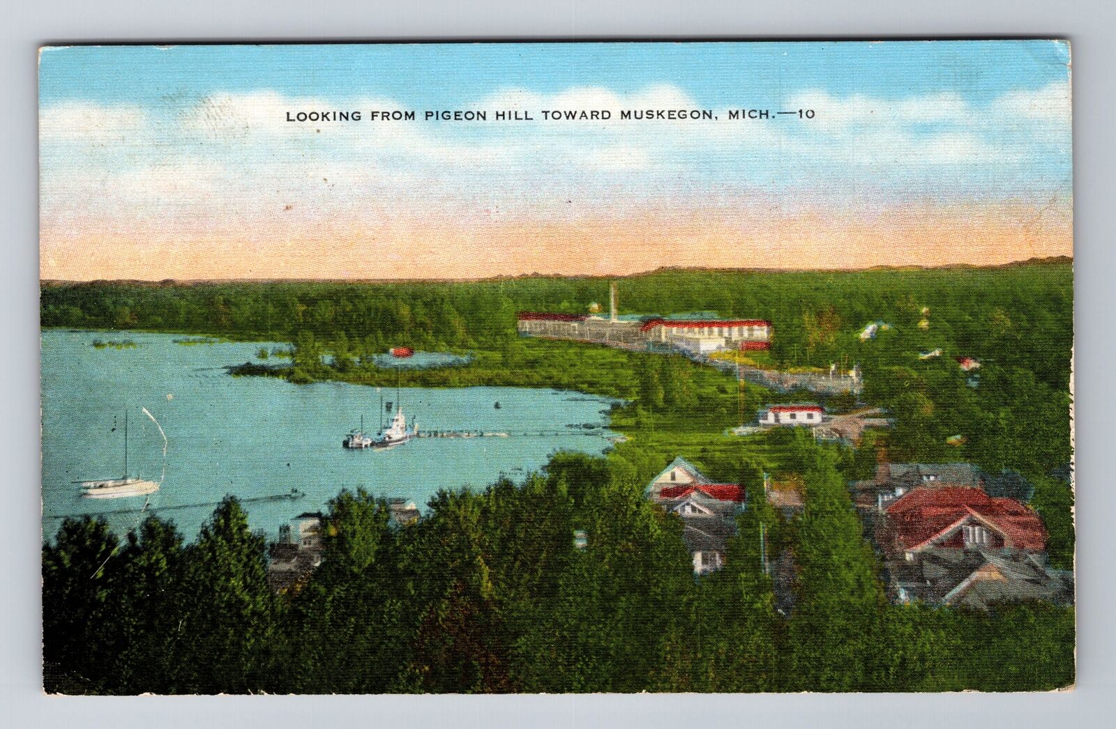 Muskegon MI- Michigan, Aerial Of Town Pigeon Hill, Antique, Vintage Postcard