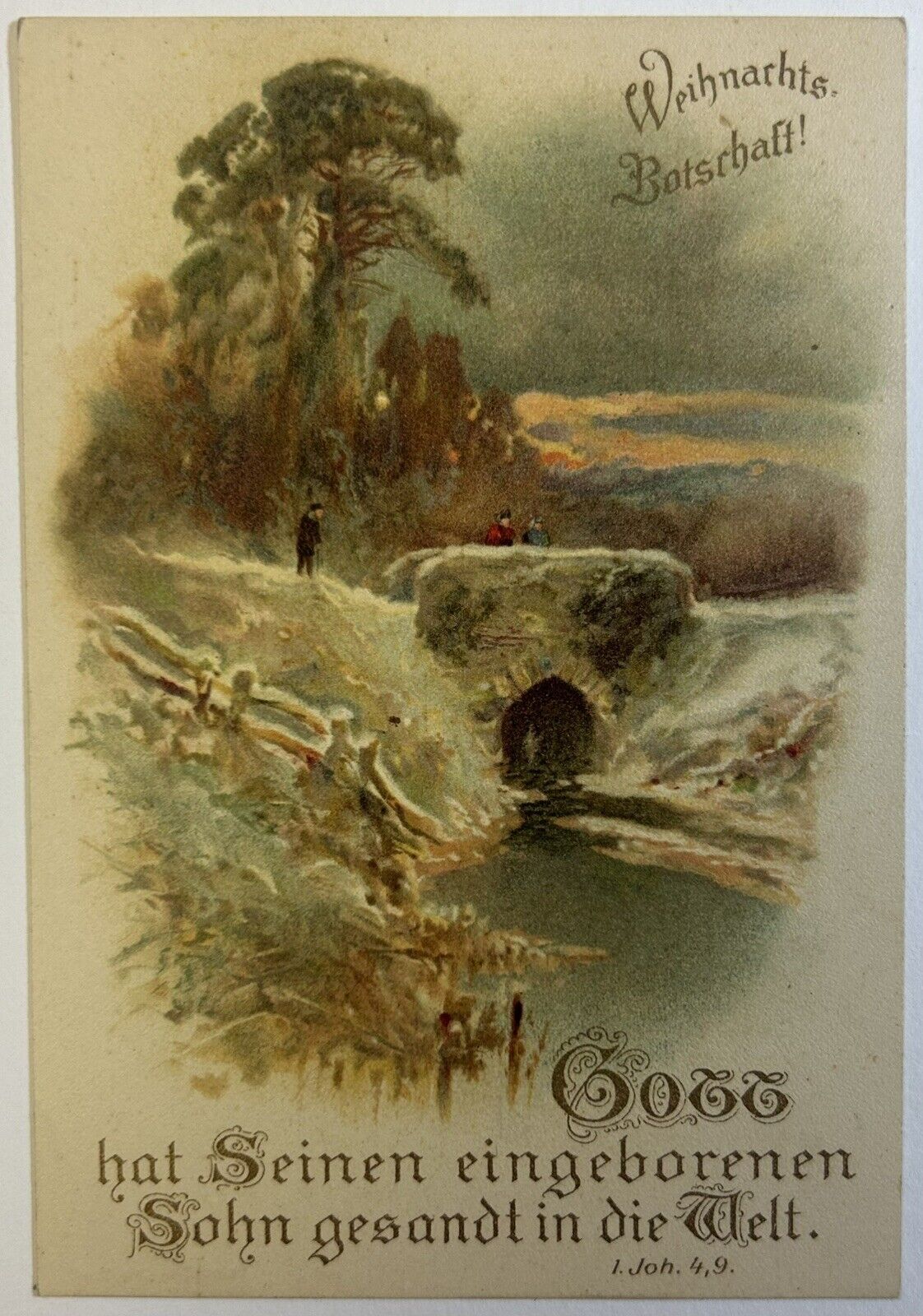 Christmas Greetings Antique Fall Scene German Postcard, Unposted Card Weihnachts