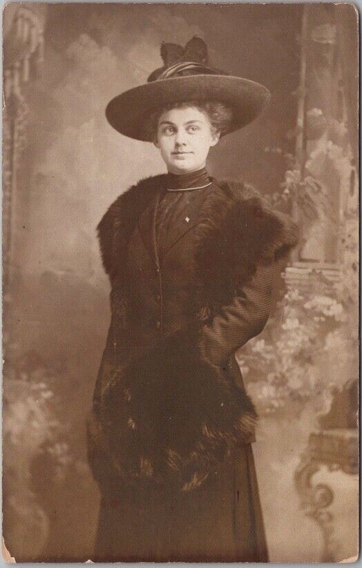 c1910s RPPC Real Photo Postcard Young Lady Large Hat Fur Stole Fashion Glamour