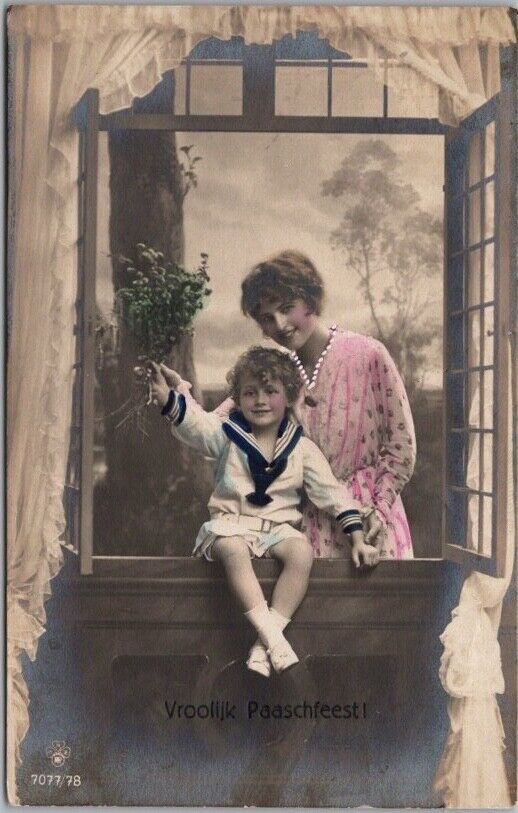 Tinted Photo RPPC Postcard Mother & Little Boy in Sailor Suit 1920 Dutch Cancel