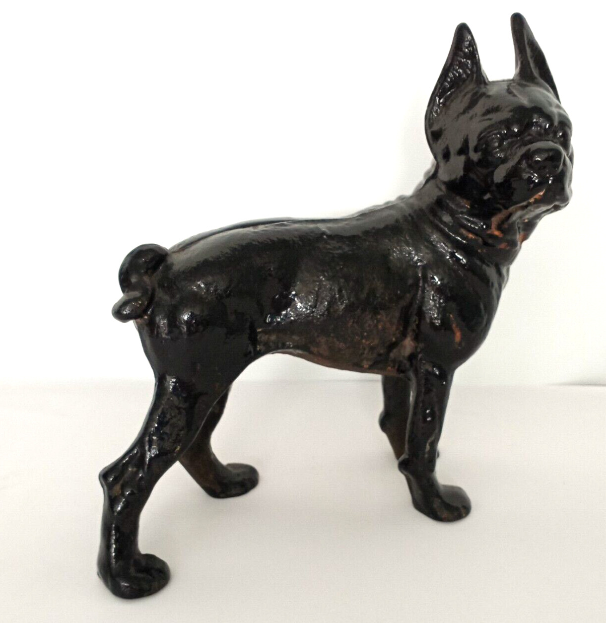 Antique Cast Iron Boston Terrier Dog Doorstop Right Facing Black Bull Dog Figure