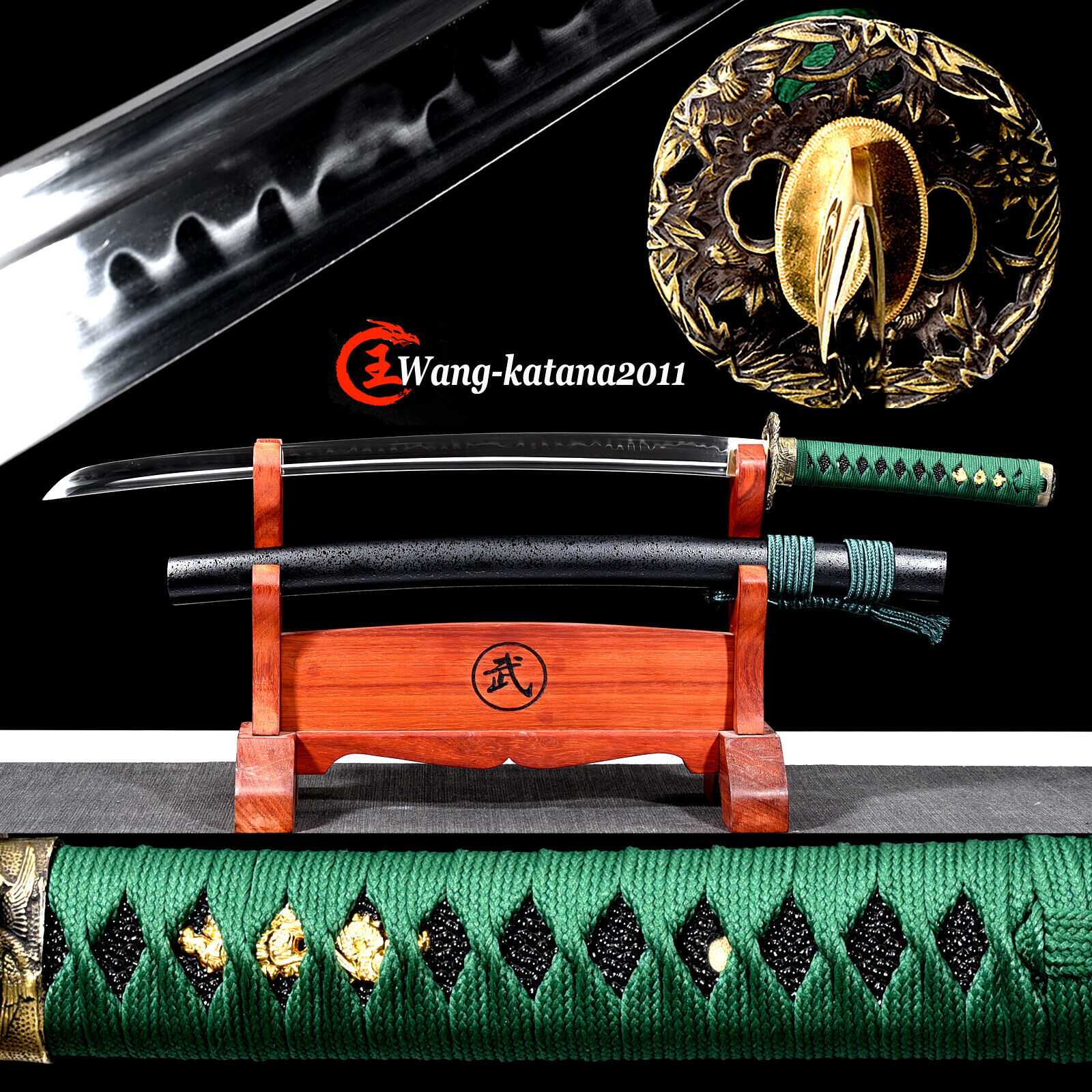 30\'\' Green Leaves Wakizashi Clay Tempered T10 Japanese Samurai Sword Real Hamon