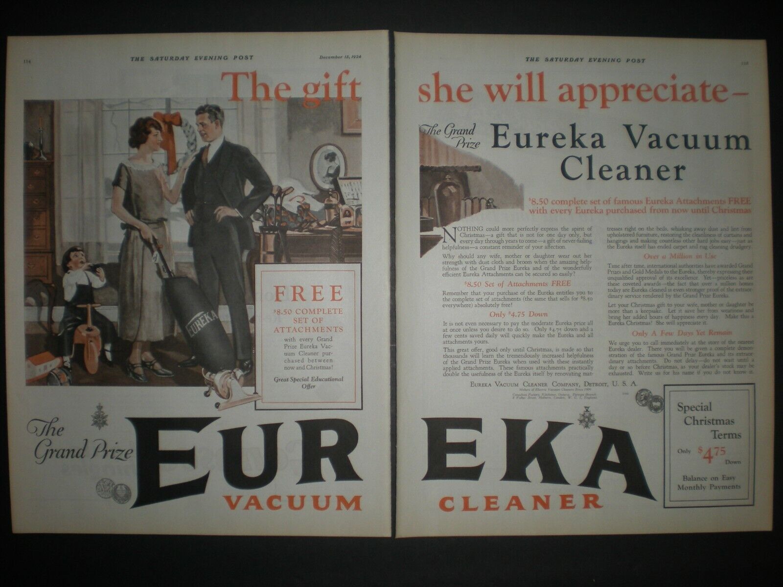 1924 CHILD GETS TOY DAD GOLF CLUBS MOM EUREKA VACUUM CLEANER XMAS art print ad