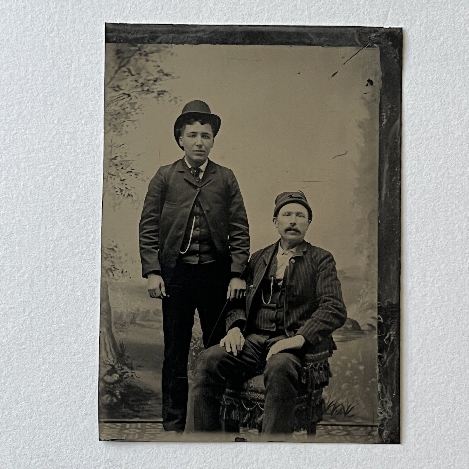 Antique Tintype Photograph Handsome Men Father & Grown Son Great Attire Backdrop