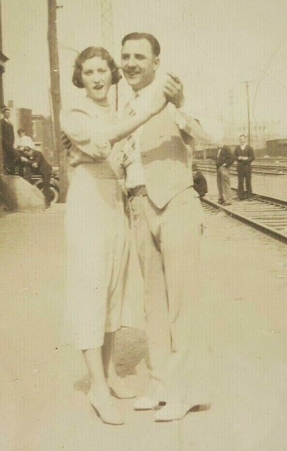 Vintage B&W Attractive Couple Posing Dancing Railroad Stop Philadelphia Area