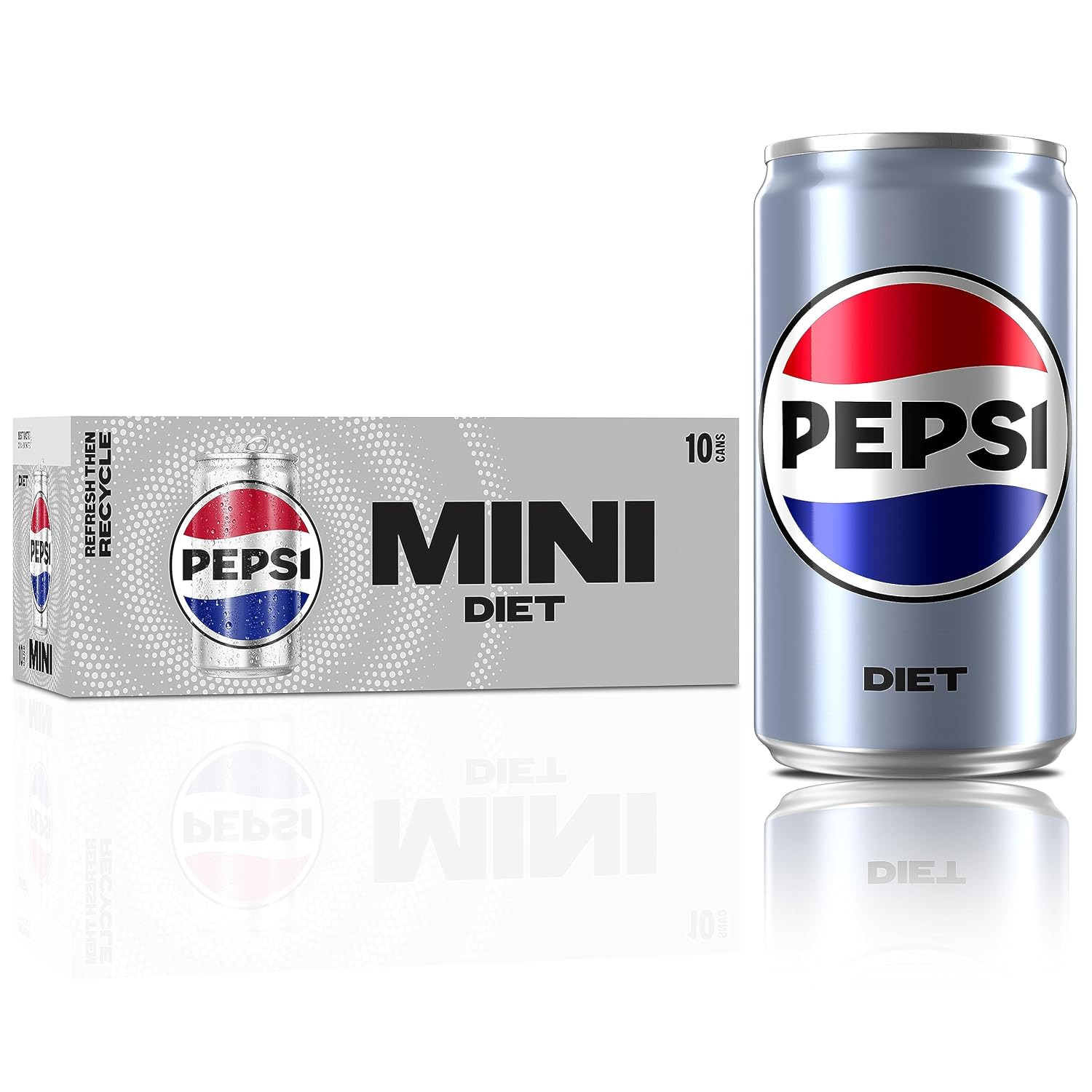 Pepsi Soda Diet, Mini Cans, 7.5 Ounce, 10 Pack; Fresh, New, Fast 