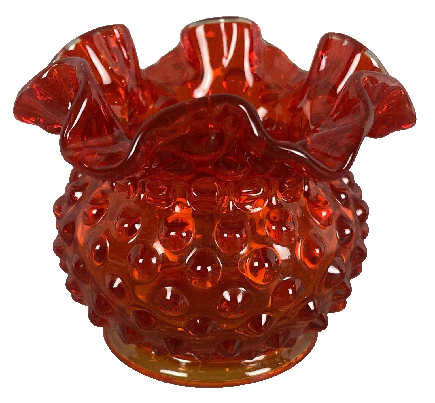 Fenton Art Glass Mini Vase Amberina Hobnail Ruffled Rim  3