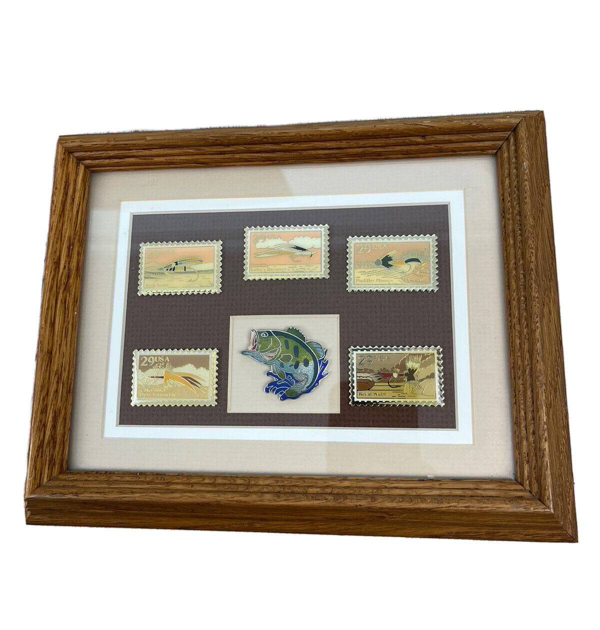 USPS Fishing Flies Stamp Enamel Pins Collection Framed Display Case Vintage Fly