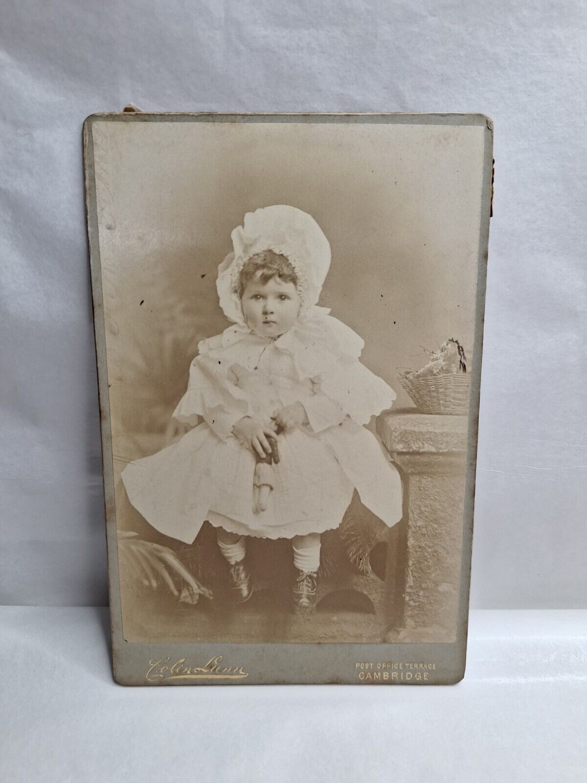 Victorian Photo Cabinet Card Child Bonnet Dress Doll Colin Lunn Cambridge 