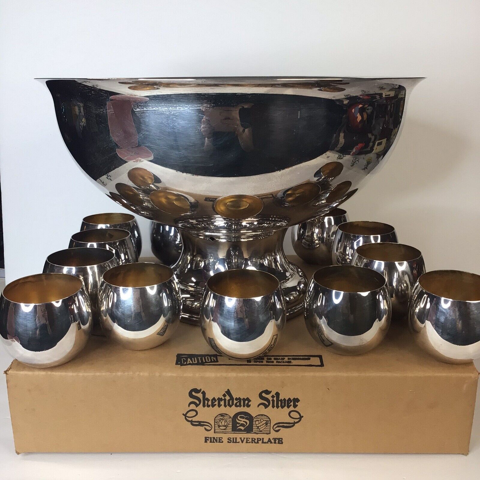 Vintage Sheridan Silver Punch Bowl & 12 Cups Original Boxes Fine Silverplate