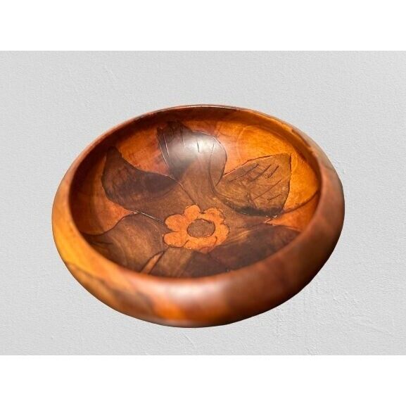Hand-turned wooden walnut large bowl with carved floral design 10