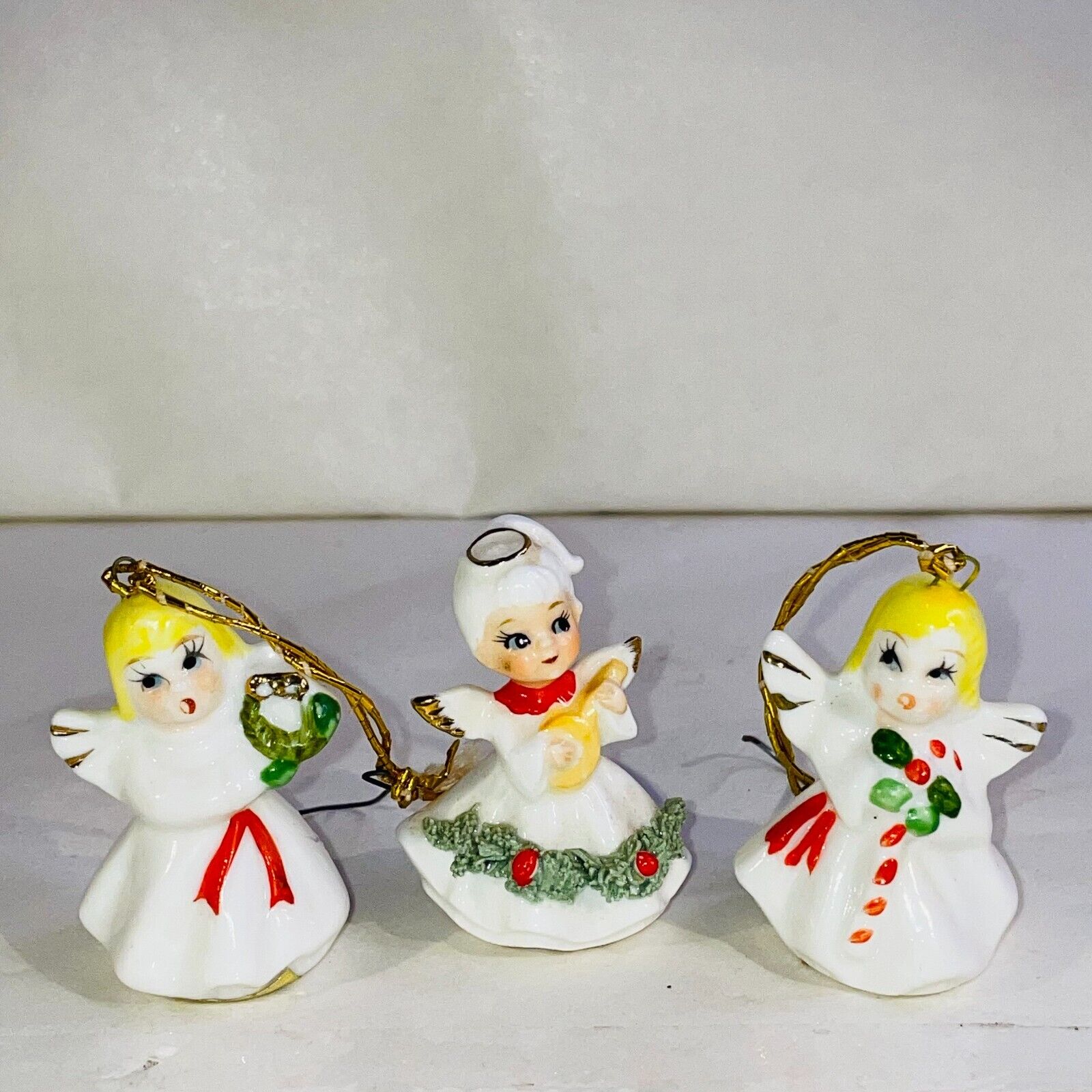 Vintage Napcoware Christmas Angel Figurines Musicians Spaghetti Trim Set Of 3