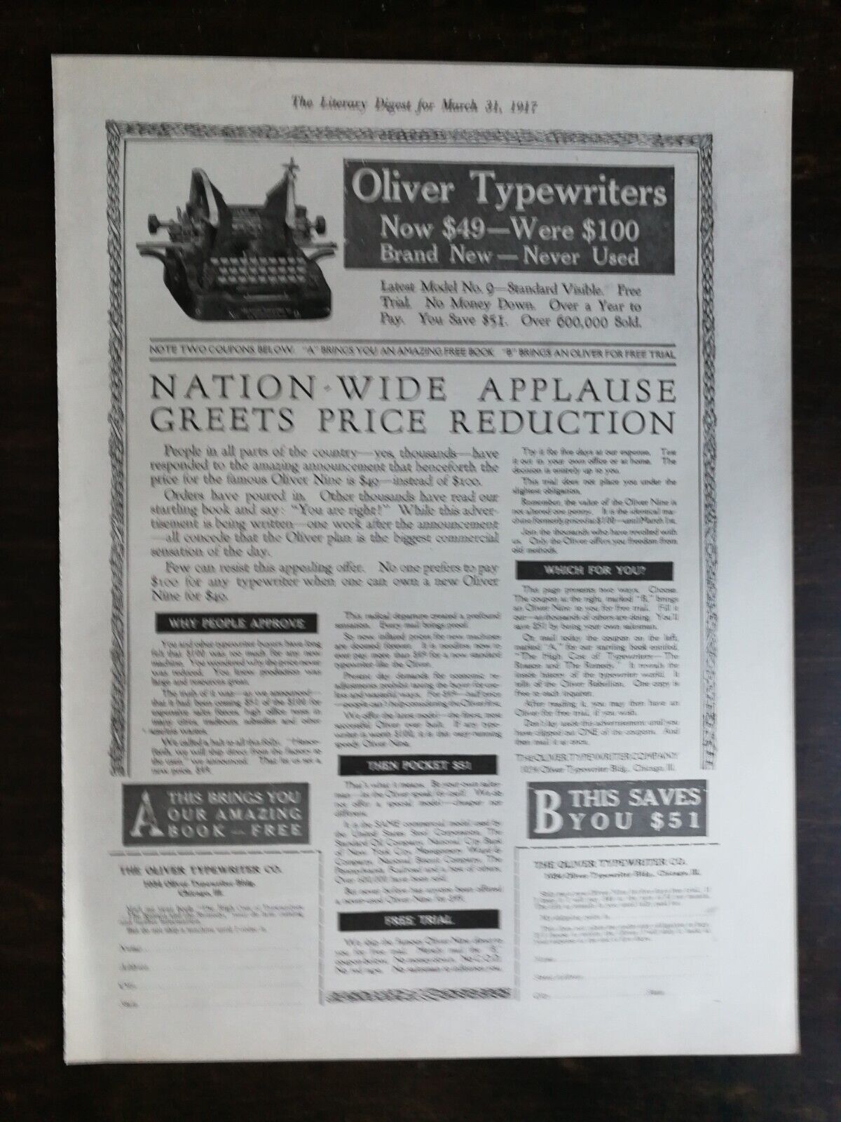 Vintage 1917 Oliver Typewriters Full Page Original Ad 222