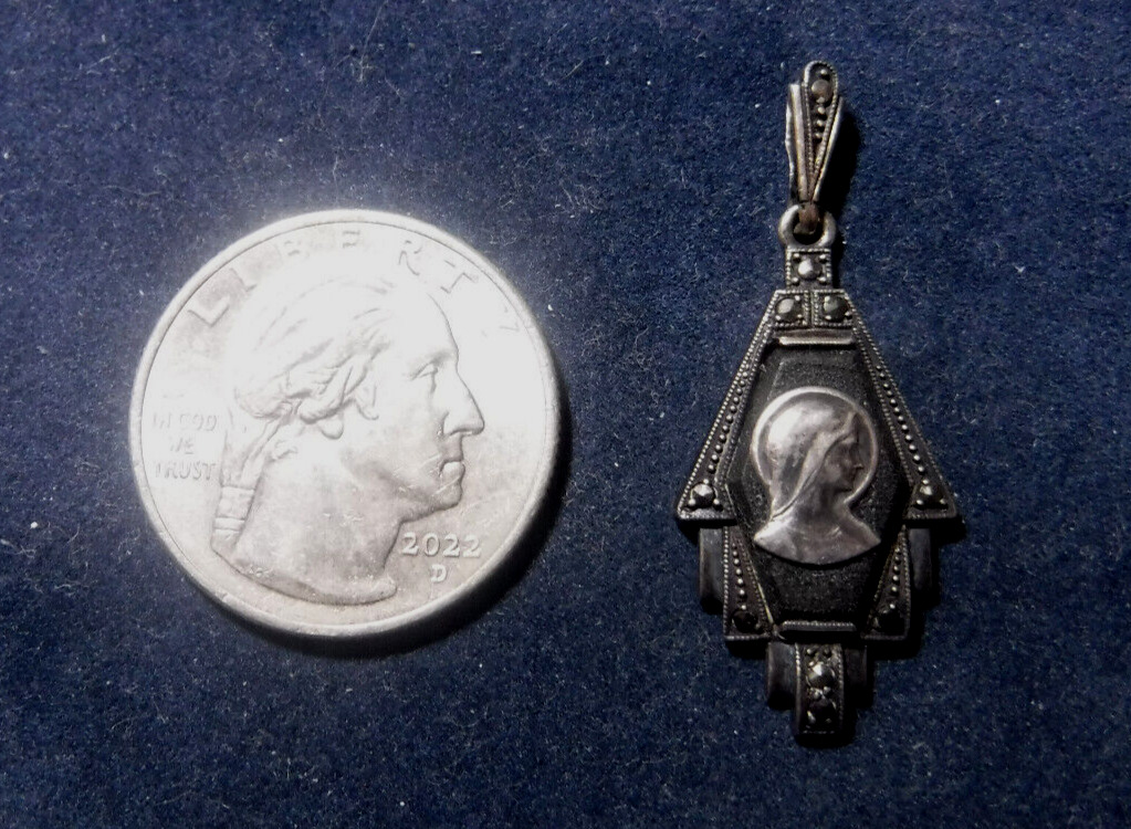 Art Deco Stunning Virgin Mary Medal, Sterling Silver, Marcasite