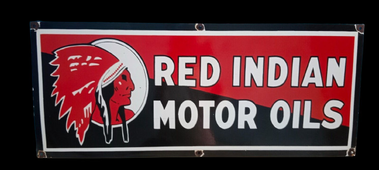 Red Indian Motor Oils Porcelain Enamel Sign 36 x 18 Inches
