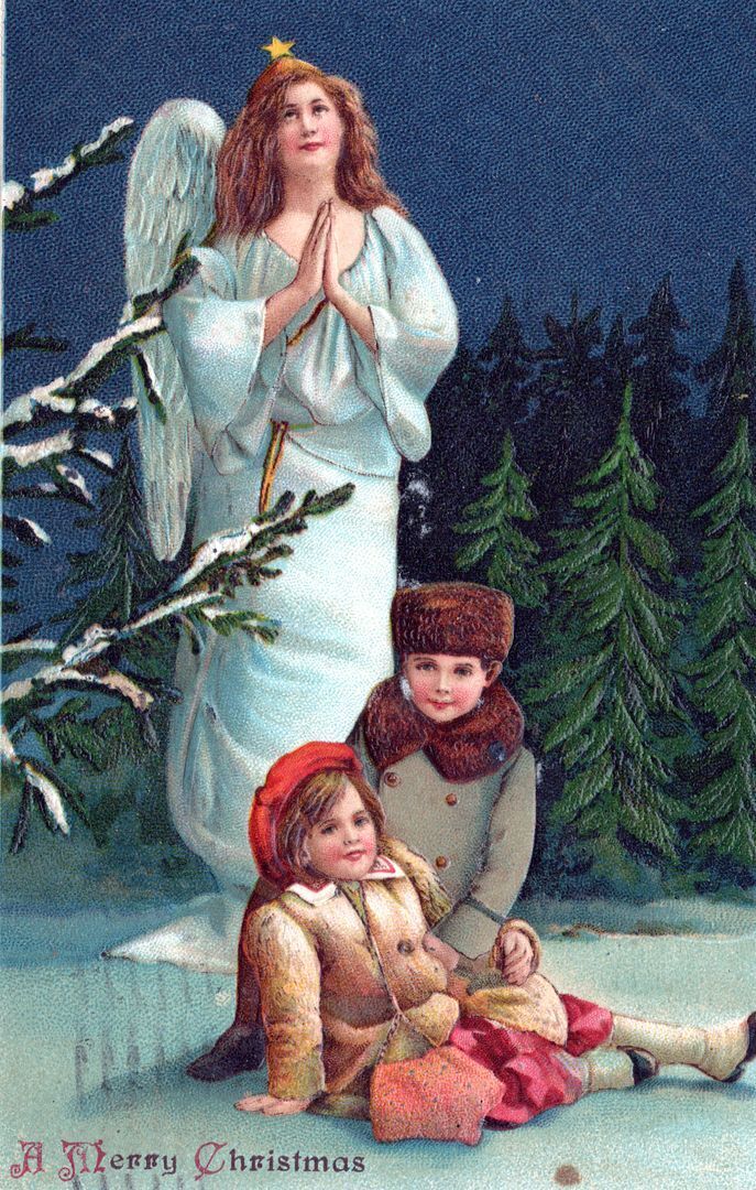 CHRISTMAS - Two Girls And Praying Angel A Merry Christmas Postcard - 1911